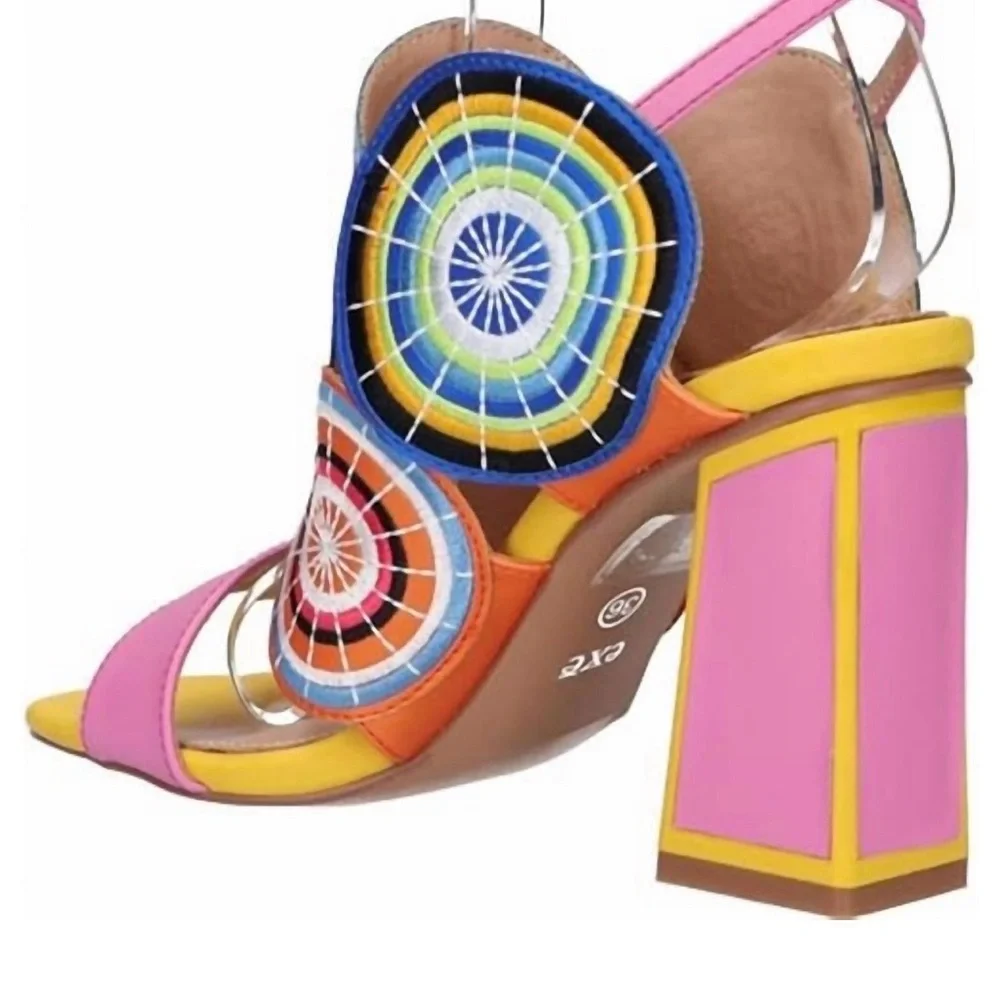 EXE ~ Colorful Sandals Circular Geometric Design Block Heel Ankle Strap size 40